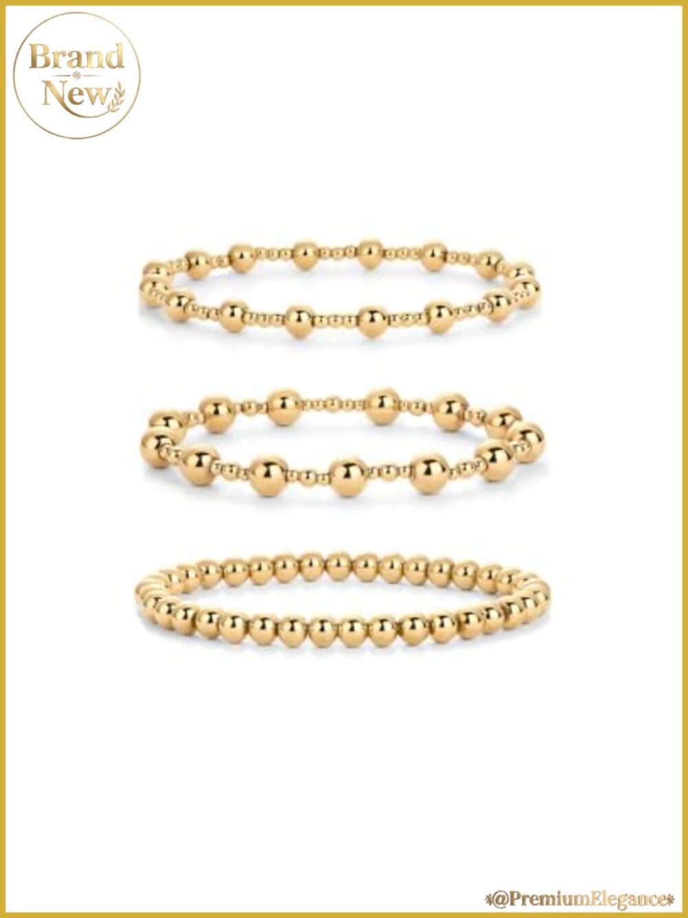 Waterproof Beaded Bracelets, 14K Gold Plated Stretchy Set of 3